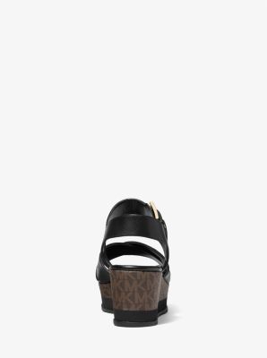 Neva Leather and Logo Wedge Sandal in BLK/BROWN | Michael Kors