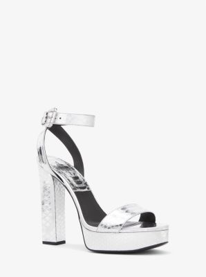 Michaelkors Anabelle Metallic Python Embossed Leather Platform Sandal,SILVER