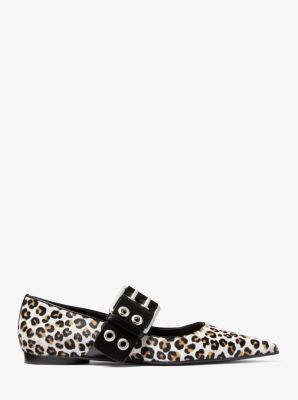Maude Leopard Calf Hair Pointed-Toe Mary Jane Flat in KHAKI | Michael Kors