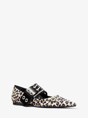 Maude Leopard Calf Hair Pointed-Toe Mary Jane Flat