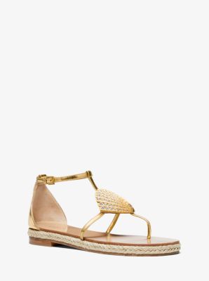 Annabeth Seashell-Embellished Metallic Leather Sandal in GOLD | Michael Kors