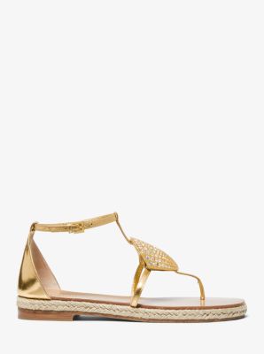 Annabeth Seashell-Embellished Metallic Leather Sandal in GOLD | Michael Kors