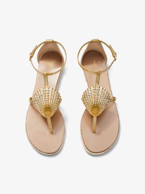 Annabeth Seashell-Embellished Metallic Leather Sandal in GOLD | Michael Kors