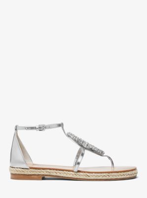 Annabeth Seahorse-Embellished Metallic Leather Sandal in SILVER | Michael Kors