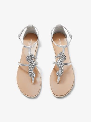 Annabeth Seahorse-Embellished Metallic Leather Sandal in SILVER | Michael Kors