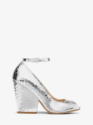 Julianne Metallic Python-Embossed Leather Peep-Toe Pump in PLATEADO | Michael Kors