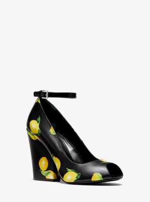 Julianne Lemon-Print Leather Peep-Toe Pump