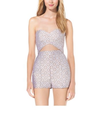 Cutout Bustier Eyelet Silk-Jacquard Romper in SUN/WHITE | Michael Kors
