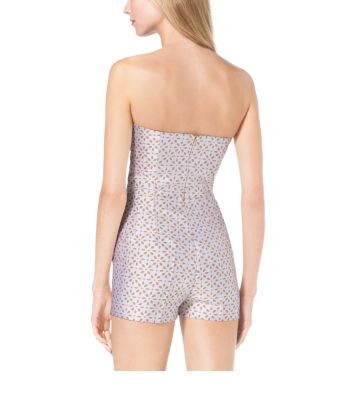 Cutout Bustier Eyelet Silk-Jacquard Romper in SUN/WHITE | Michael Kors