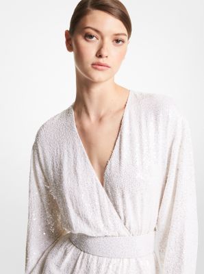 Hand-Embroidered Paillette Silk Georgette Kimono Gown in BLANCO | Michael Kors