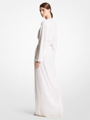 Hand-Embroidered Paillette Silk Georgette Kimono Gown in WHITE | Michael Kors
