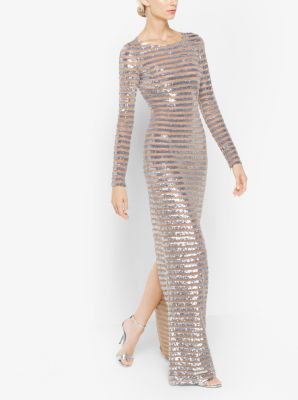 Stripe Sequined Stretch-Tulle Gown