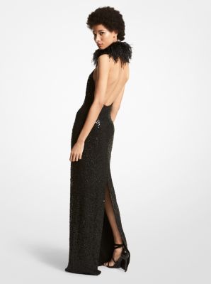 Hand-Embroidered Paillette Crepe Jersey and Feather Halter Gown image number 2