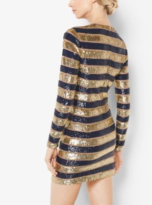 Awning Stripe Sequined Stretch-Tulle Dress