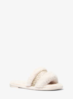 Michael Kors Alexis Faux Fur And Metallic Signature Logo Slide Sandal In Natural