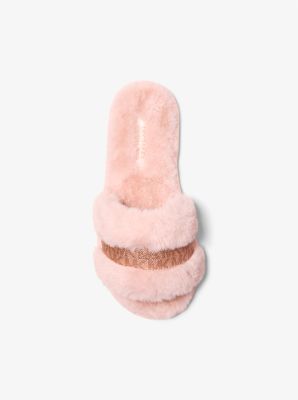 靴 Michael Kors Alexis Slides Alexis Faux Fur and Metallic Signature Logo Slide Sandal