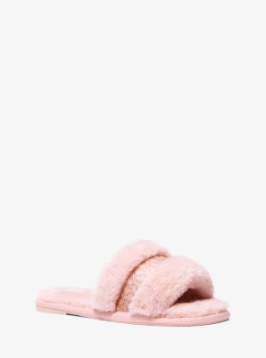 Michael Kors Alexis Faux Fur And Metallic Signature Logo Slide Sandal In Pink