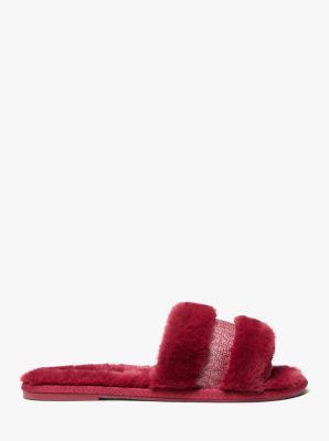 靴 Michael Kors Alexis Slides Alexis Faux Fur and Metallic Signature Logo Slide Sandal