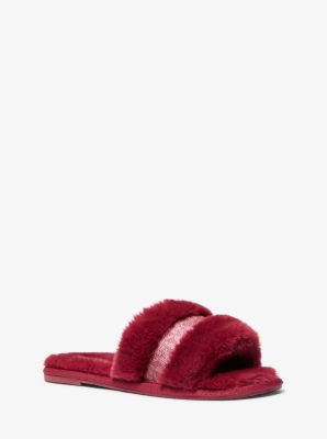 Michael Kors Alexis Faux Fur And Metallic Signature Logo Slide Sandal In Red