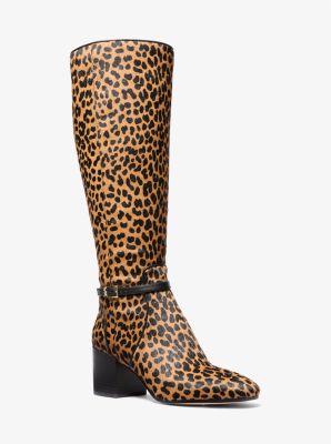 Ella Leopard Print Calf Hair Wide Calf Block Heel Boot