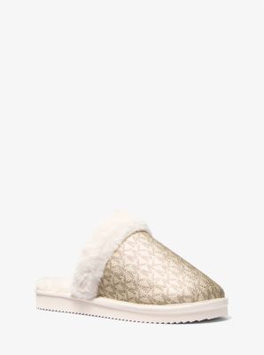 Slipper Liddy van imitatiebont met kenmerkende metallic logoprint image number 0