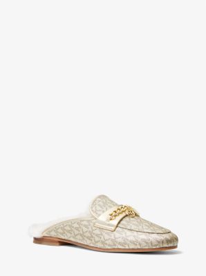 Mule Elsa en toile &agrave; logo m&eacute;tallis&eacute;e et en fausse fourrure orn&eacute;e in OR P&Acirc;LE | Michael Kors