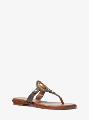 Shop Michael Kors Aubrey Cutout Signature Logo And Leather T-strap Sandal In Brown