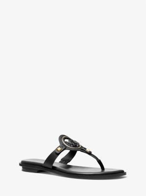 Aubrey Cutout Leather T-Strap Sandal in BLACK | Michael Kors