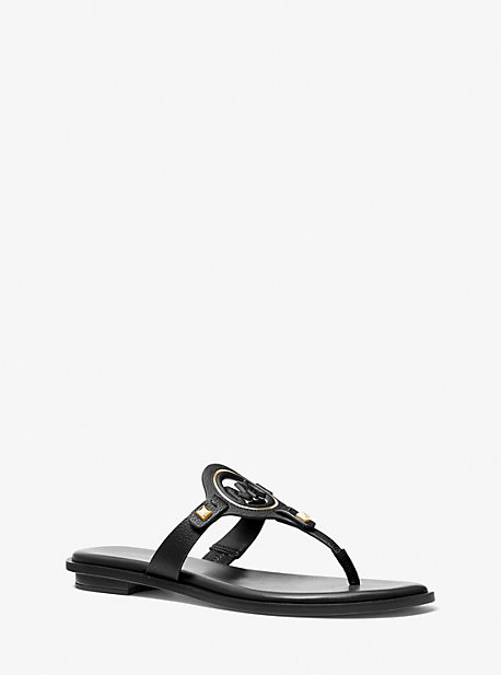 Shop Michael Kors Aubrey Cutout Leather T-strap Sandal In Black