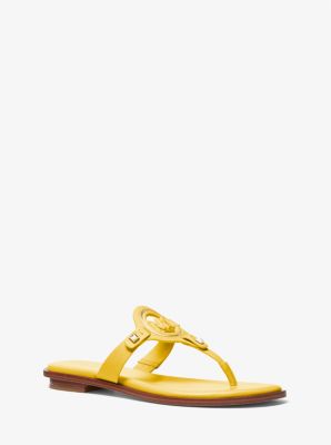 Shop Michael Kors Aubrey Cutout Leather T-strap Sandal In Yellow