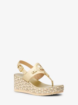 Shop Michael Kors Aubrey Metallic Leather Wedge Sandal In Gold