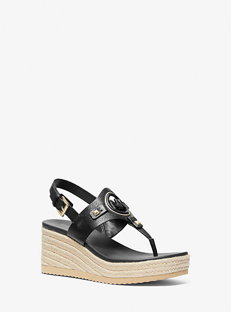 Shop Michael Kors Aubrey Cutout Leather Wedge Sandal In Black
