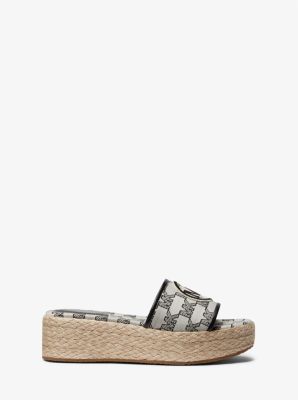 Sadler Logo Jacquard and Jute Wedge Sandal in NATURAL/BLACK | Michael Kors