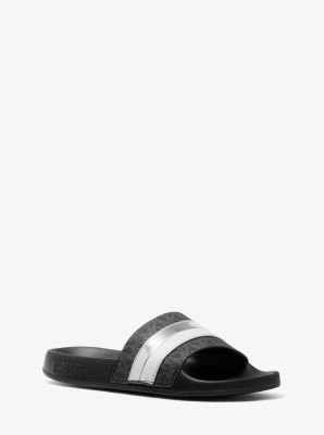 마이클 마이클 코어스 Michael Michael Kors Brandy Striped Logo Slide Sandal,BLACK