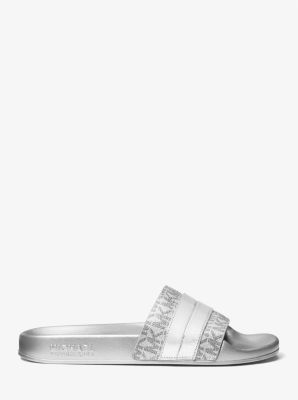 Brandy Metallic Striped Logo Slide Sandal