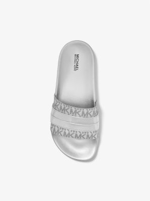 Brandy Metallic Striped Logo Slide Sandal