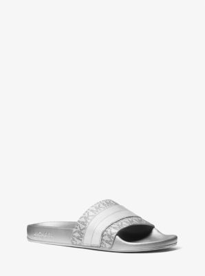 Brandy Metallic Striped Logo Slide Sandal