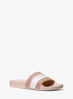 Brandy Metallic Striped Logo Slide Sandal Michael Kors