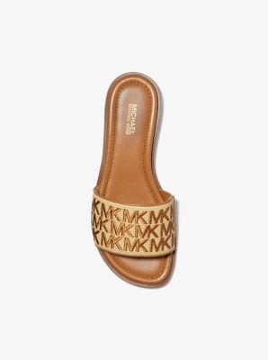 Deanna Embroidered Straw and Leather Slide Sandal | Michael Kors