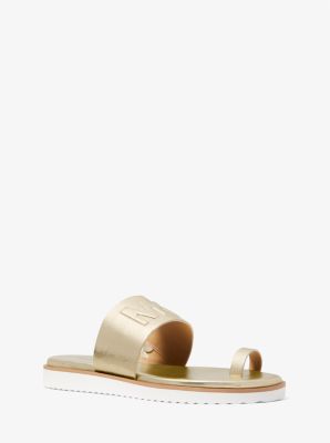 Rosa Logo Embossed Metallic Slide Sandal in PALE GOLD | Michael Kors