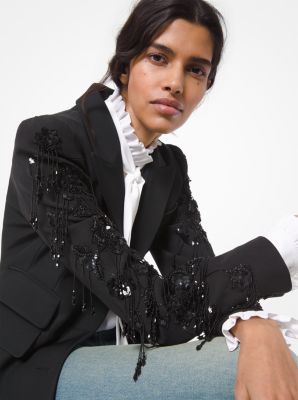 Manteau en gabardine de laine et de coton contrecoll&eacute;e &agrave; broderie florale in NOIR | Michael Kors