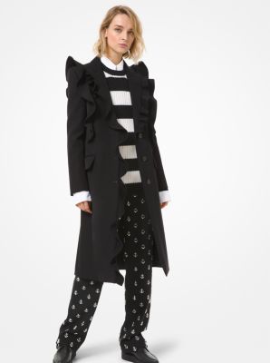 Bonded Wool and Cotton Gabardine Ruffle Chesterfield Coat