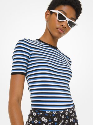 Striped Stretch-Viscose Short-Sleeve Bodysuit in CADET | Michael Kors