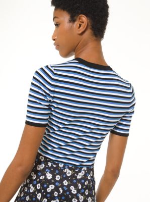 Striped Stretch-Viscose Short-Sleeve Bodysuit in CADET | Michael Kors