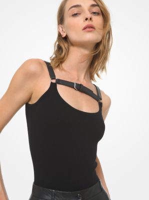 Leather Trim Stretch Viscose Bodysuit