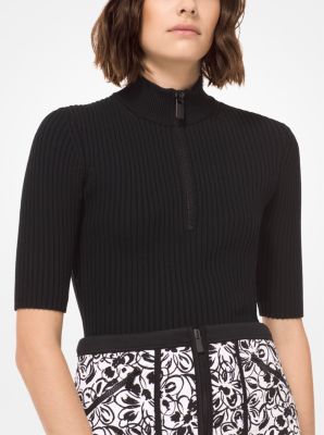 Ribbed Merino Wool Zip Turtleneck