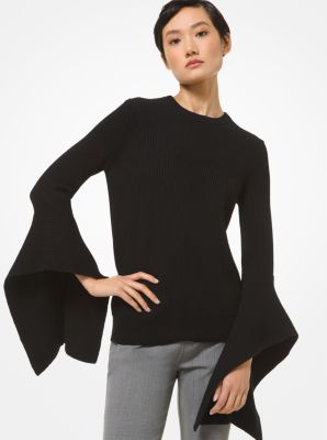 Ribbed Cashmere Draped Sleeve Sweater