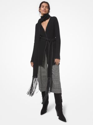 Cardigan en cachemire et en cuir en point roul&eacute; &agrave; franges