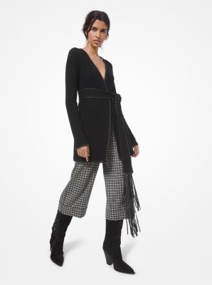 Cardigan en cachemire et en cuir en point roul&eacute; &agrave; franges