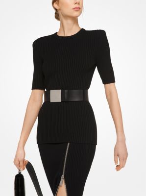 Ribbed Merino Wool Zip Pencil Skirt